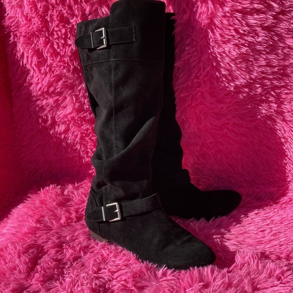 Black soft fabric tall slouch boots with zip closure and buckle detail size 10 - Picture 2 of 7